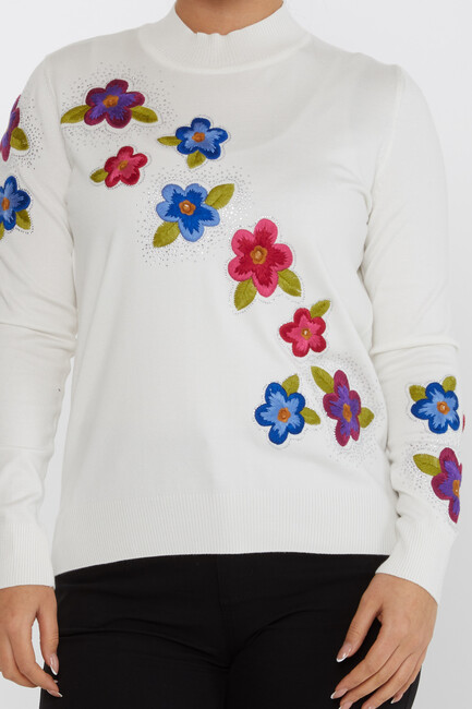 Women's Knitwear Floral Embroidered Stoned Ecru - 31684 | KAZEE - Thumbnail