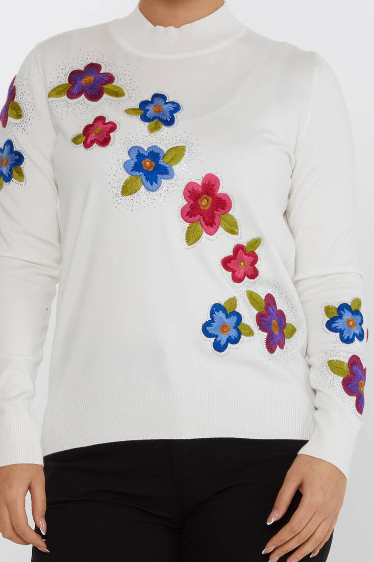 Women's Knitwear Floral Embroidered Stoned Ecru - 31684 | KAZEE