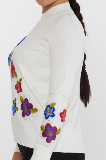 Women's Knitwear Floral Embroidered Stoned Ecru - 31684 | KAZEE - Thumbnail