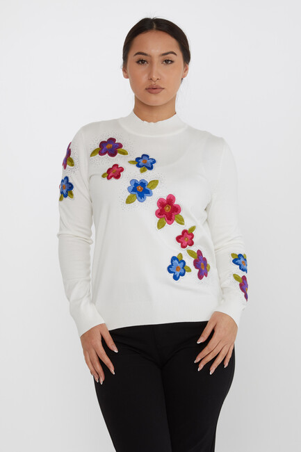 Women's Knitwear Floral Embroidered Stoned Ecru - 31684 | KAZEE - Thumbnail