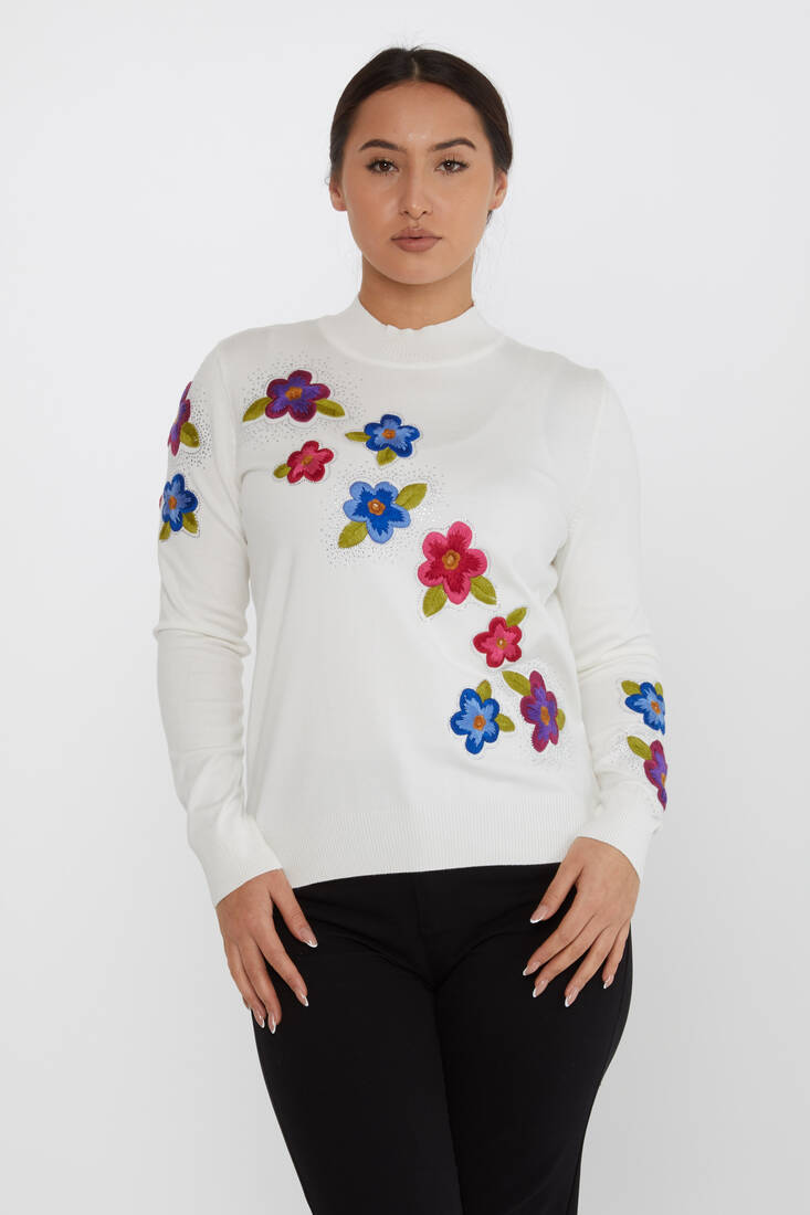 Women's Knitwear Floral Embroidered Stoned Ecru - 31684 | KAZEE