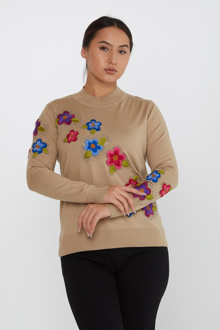 Women's Knitwear Floral Embroidery Stoned Beige - 31684 | KAZEE - Thumbnail