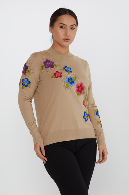 Women's Knitwear Floral Embroidery Stoned Beige - 31684 | KAZEE - Thumbnail