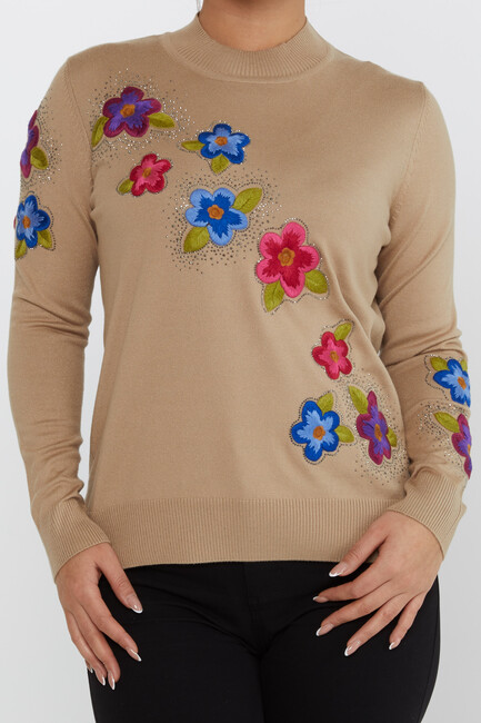 Women's Knitwear Floral Embroidery Stoned Beige - 31684 | KAZEE - Thumbnail