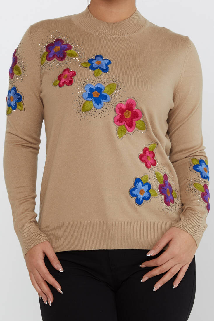 Women's Knitwear Floral Embroidery Stoned Beige - 31684 | KAZEE