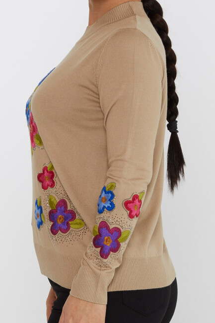 Women's Knitwear Floral Embroidery Stoned Beige - 31684 | KAZEE - Thumbnail