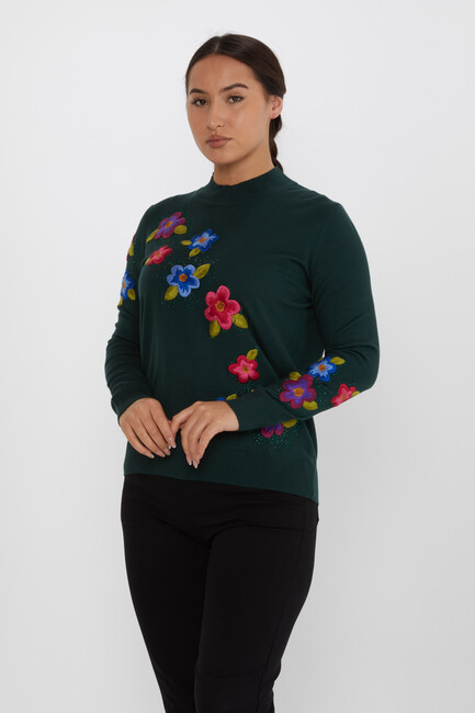 Women's Knitwear Floral Embroidered Stoned Olive - 31684 | KAZEE - Thumbnail