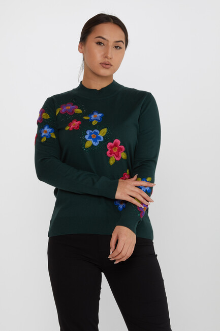 Women's Knitwear Floral Embroidered Stoned Olive - 31684 | KAZEE - Thumbnail