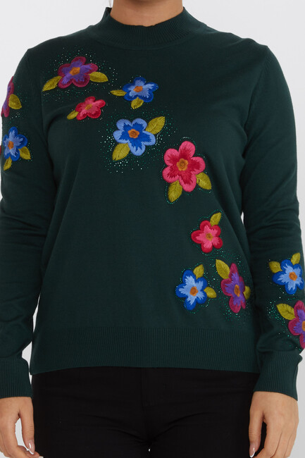 Women's Knitwear Floral Embroidered Stoned Olive - 31684 | KAZEE - Thumbnail