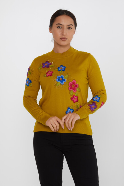 Women's Knitwear Floral Embroidered Stoned Saffron - 31684 | KAZEE - Thumbnail