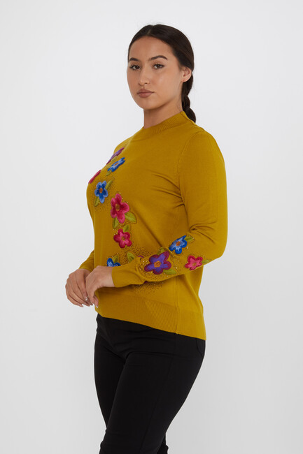 Women's Knitwear Floral Embroidered Stoned Saffron - 31684 | KAZEE - Thumbnail