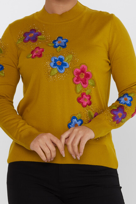 Women's Knitwear Floral Embroidered Stoned Saffron - 31684 | KAZEE - Thumbnail