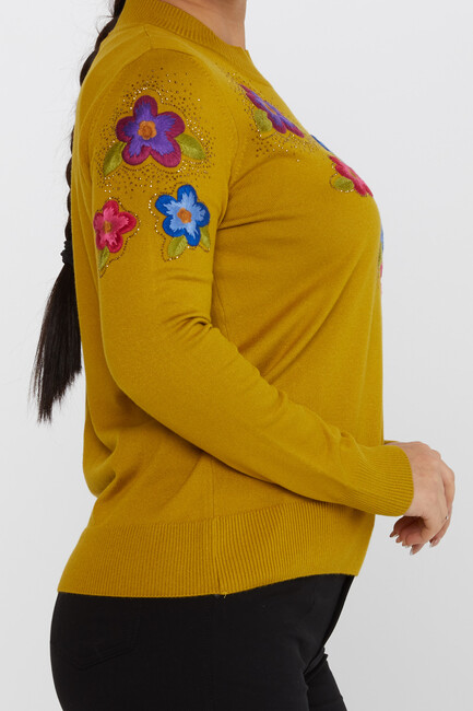 Women's Knitwear Floral Embroidered Stoned Saffron - 31684 | KAZEE - Thumbnail