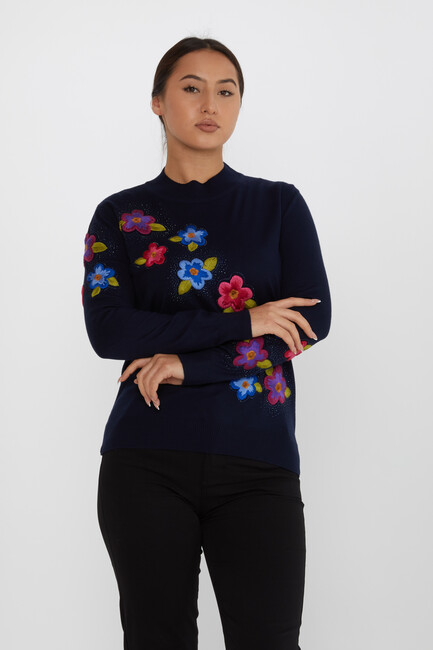 Women's Knitwear Floral Embroidered Stone Navy Blue - 31684 | KAZEE - Thumbnail