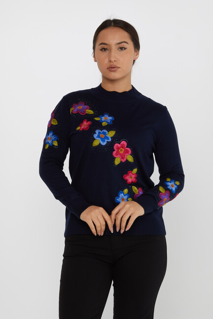 Women's Knitwear Floral Embroidered Stone Navy Blue - 31684 | KAZEE - Thumbnail