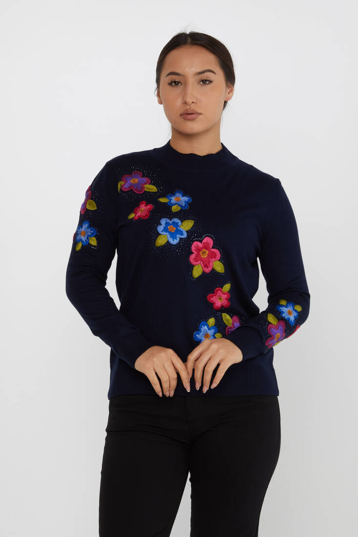 Women's Knitwear Floral Embroidered Stone Navy Blue - 31684 | KAZEE