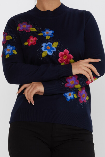 Women's Knitwear Floral Embroidered Stone Navy Blue - 31684 | KAZEE - Thumbnail