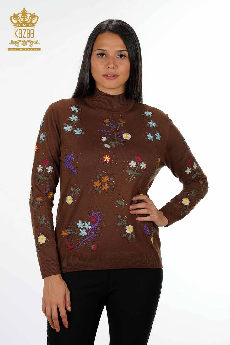 Women's Knitwear Floral Embroidery Brown - 16445 | KAZEE