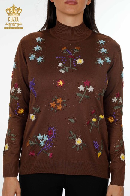 Women's Knitwear Floral Embroidery Brown - 16445 | KAZEE - Thumbnail