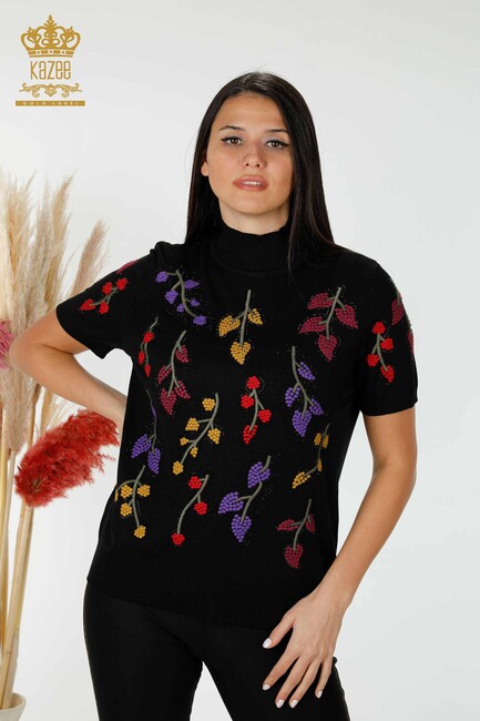 Women's Knitwear Floral Pattern Black - 16753 | KAZEE - Thumbnail