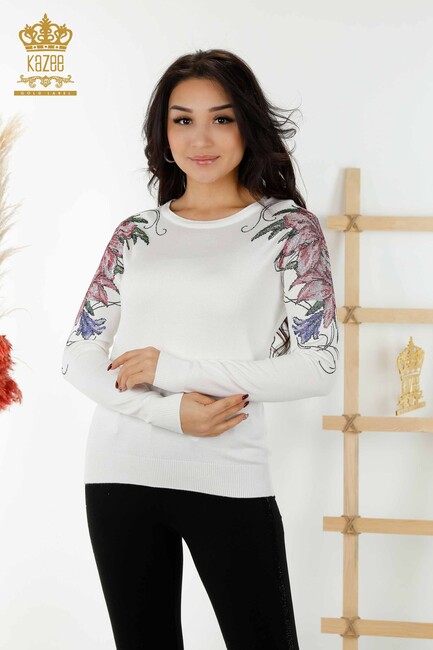 Women's Knitwear Floral Patterned Ecru - 30188 | KAZEE - Thumbnail