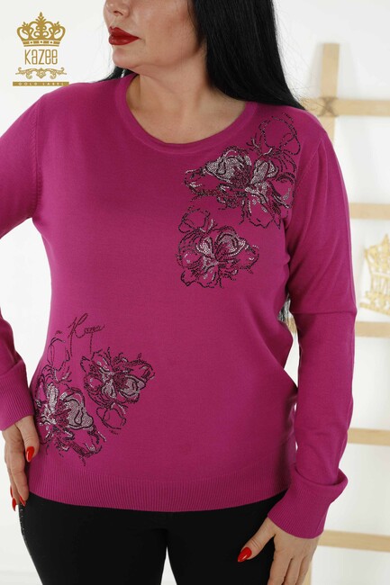 Women's Knitwear Floral Patterned Fuchsia - 30152 | KAZEE - Thumbnail