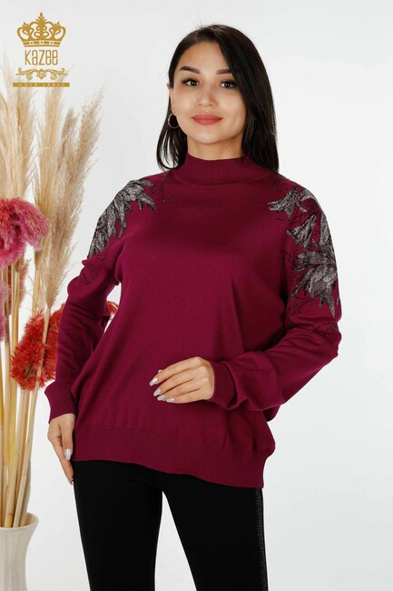 Women's Knitwear Floral Patterned Lilac - 16597 | KAZEE - Thumbnail