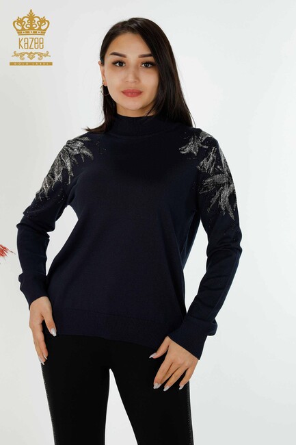 Women's Knitwear Floral Patterned Navy - 16597 | KAZEE - Thumbnail