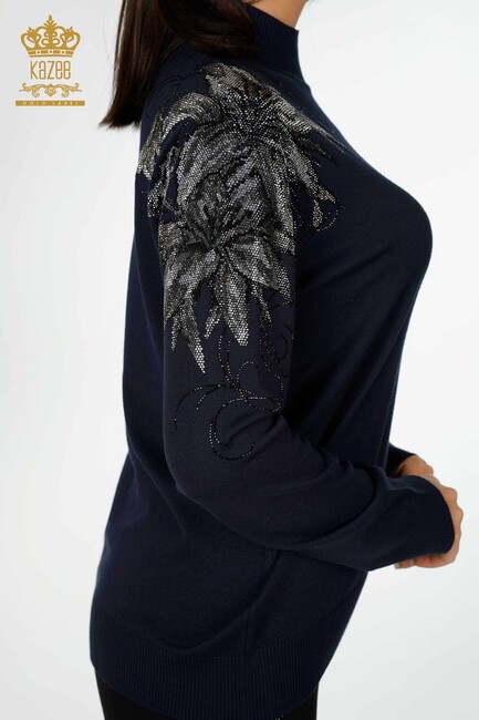 Women's Knitwear Floral Patterned Navy - 16597 | KAZEE - Thumbnail