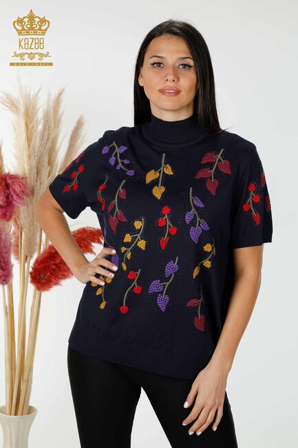 Women's Knitwear Floral Patterned Navy Blue - 16753 | KAZEE - Thumbnail