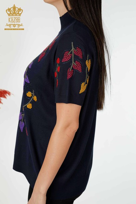 Women's Knitwear Floral Patterned Navy Blue - 16753 | KAZEE - Thumbnail