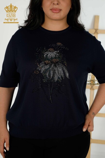 Women's Knitwear Floral Patterned Navy Blue - 16963 | KAZEE - Thumbnail