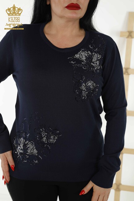 Women's Knitwear Floral Patterned Navy Blue - 30152 | KAZEE - Thumbnail