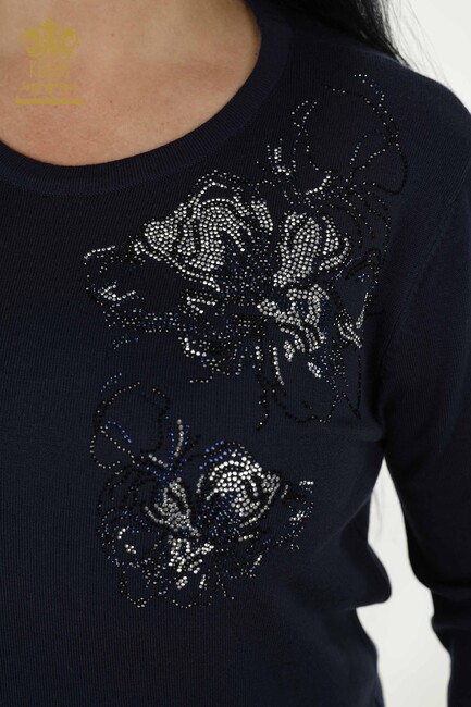 Women's Knitwear Floral Patterned Navy Blue - 30152 | KAZEE - Thumbnail