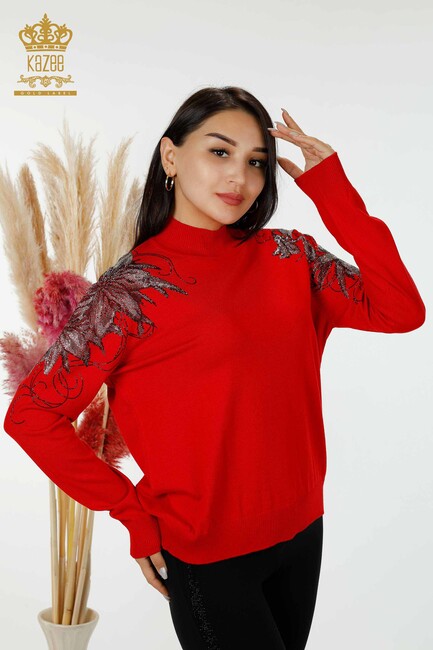 Women's Knitwear Floral Pattern Red - 16597 | KAZEE - Thumbnail