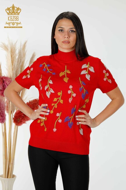 Women's Knitwear Floral Pattern Red - 16753 | KAZEE - Thumbnail