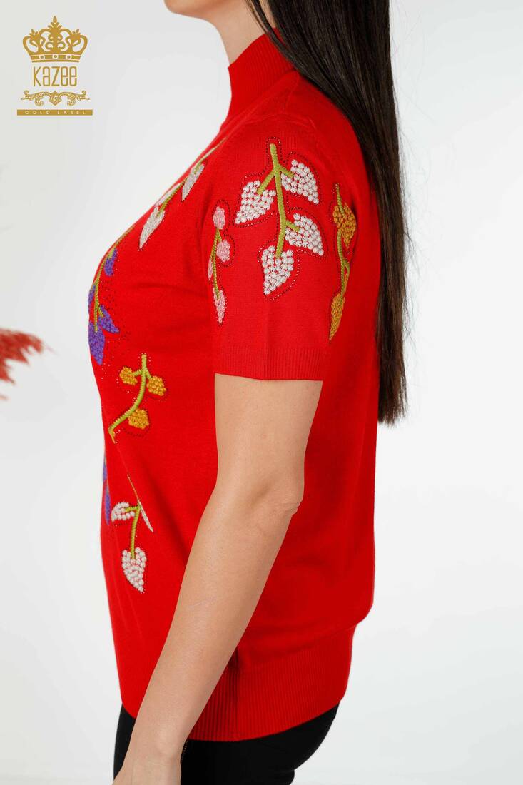 Women's Knitwear Floral Pattern Red - 16753 | KAZEE