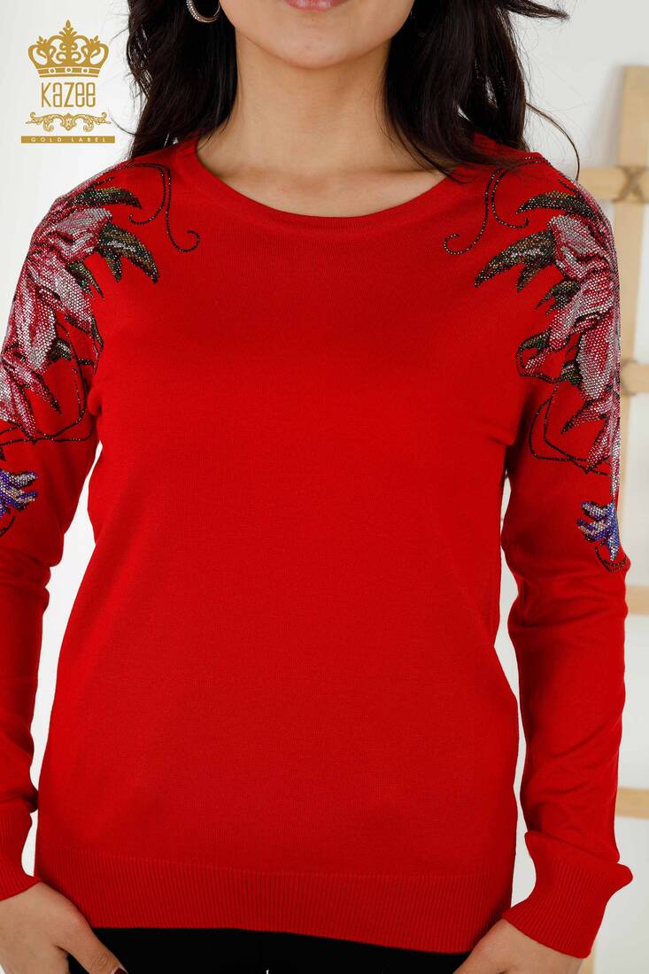 Women's Knitwear Floral Pattern Red - 30188 | KAZEE