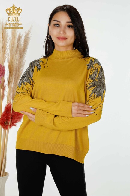 Women's Knitwear Floral Patterned Saffron - 16597 | KAZEE - Thumbnail