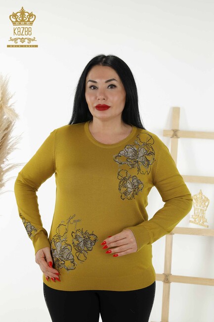 Women's Knitwear Floral Patterned Saffron - 30152 | KAZEE - Thumbnail