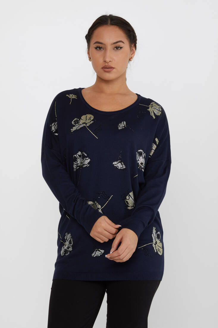 Women's Knitwear Floral Stone Detailed Crew Neck Navy Blue - 16622 | KAZEE