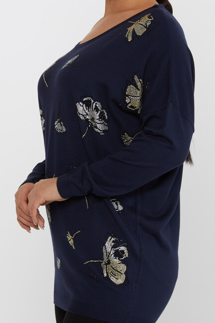 Women's Knitwear Floral Stone Detailed Crew Neck Navy Blue - 16622 | KAZEE - Thumbnail