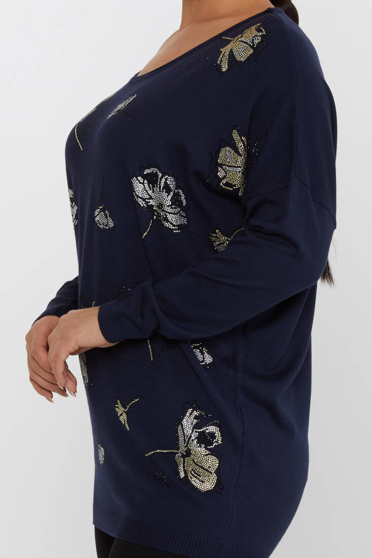 Women's Knitwear Floral Stone Detailed Crew Neck Navy Blue - 16622 | KAZEE