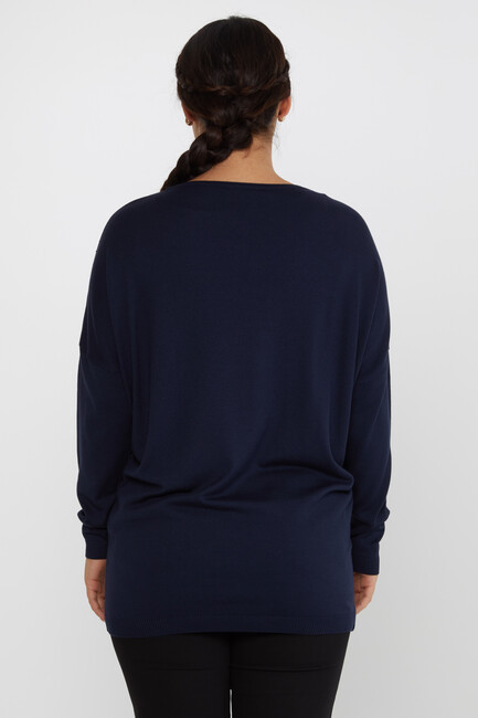 Women's Knitwear Floral Stone Detailed Crew Neck Navy Blue - 16622 | KAZEE - Thumbnail