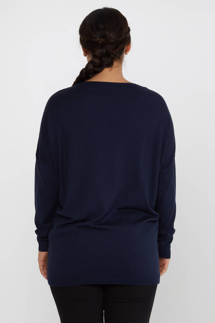 Women's Knitwear Floral Stone Detailed Crew Neck Navy Blue - 16622 | KAZEE