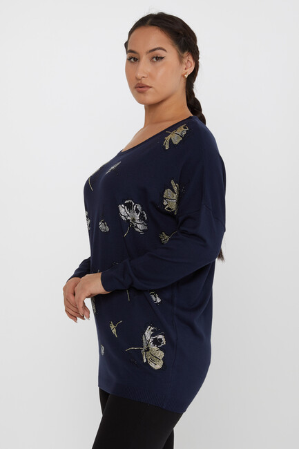 Women's Knitwear Floral Stone Detailed Crew Neck Navy Blue - 16622 | KAZEE - Thumbnail