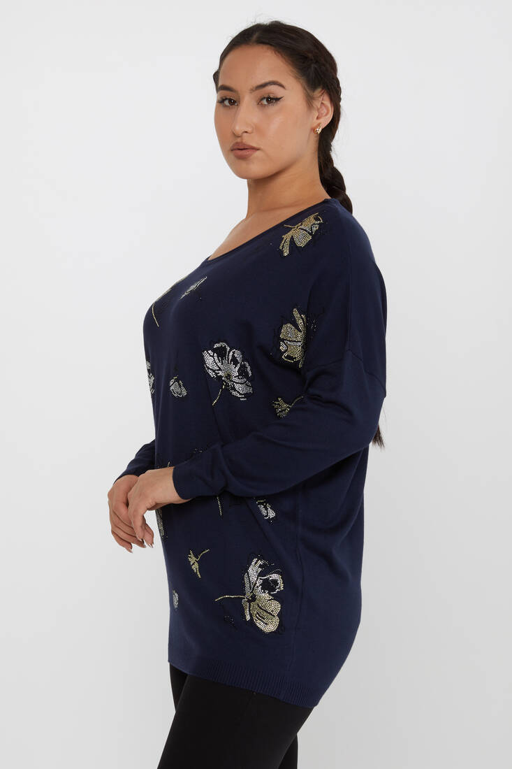 Women's Knitwear Floral Stone Detailed Crew Neck Navy Blue - 16622 | KAZEE