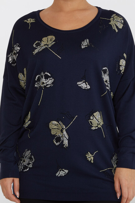 Women's Knitwear Floral Stone Detailed Crew Neck Navy Blue - 16622 | KAZEE - Thumbnail