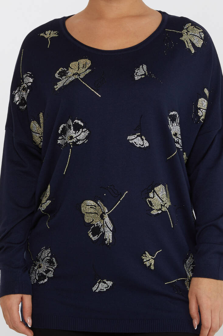 Women's Knitwear Floral Stone Detailed Crew Neck Navy Blue - 16622 | KAZEE