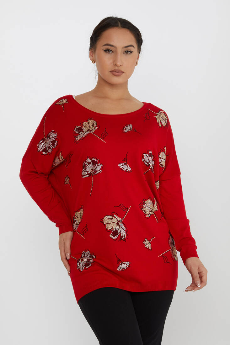 Women's Knitwear Flower Stone Detailed Crew Neck Red - 16622 | KAZEE